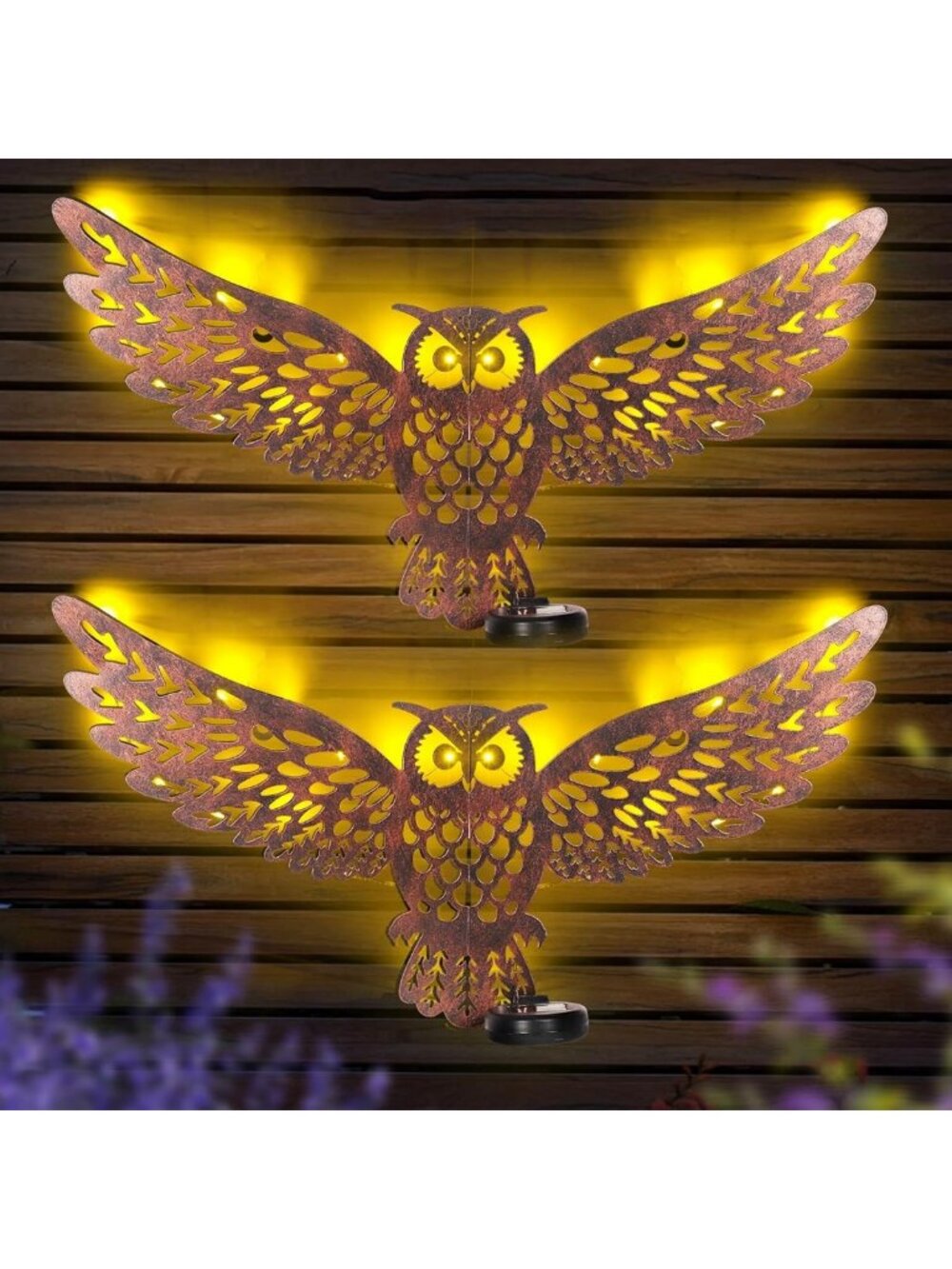 2 Pack 23" Metal Owl Wall Art - Solar LED Lights for Outdoor Garden Decor